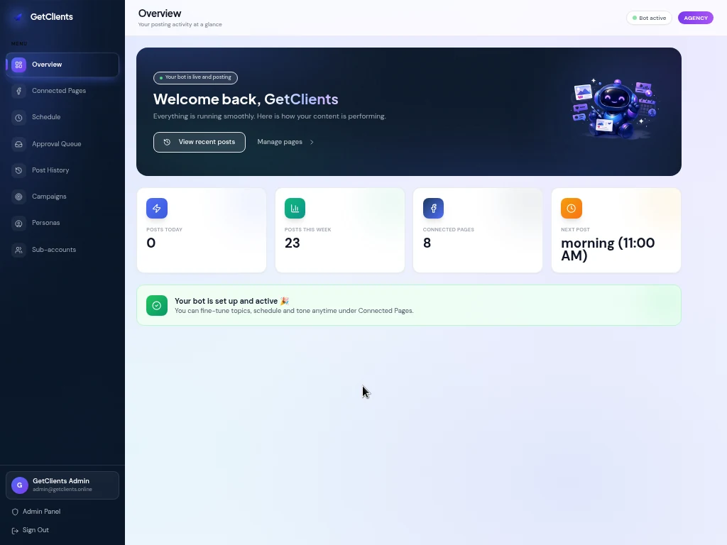 GetClients dashboard overview showing posts this week, connected pages and the next scheduled post