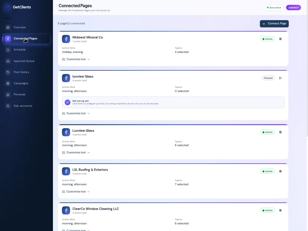 Connected pages screen listing multiple Facebook business pages managed inside GetClients