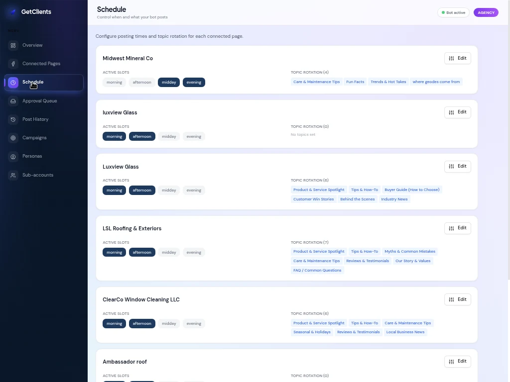 Schedule screen showing active posting time slots and topic rotation for each connected page