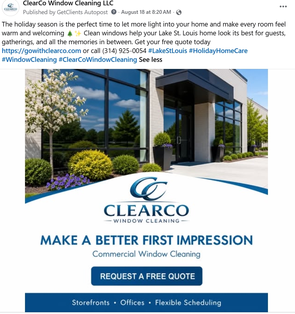 Real Facebook post GetClients published for ClearCo Window Cleaning