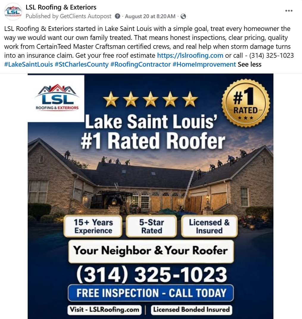 Real Facebook post GetClients published for LSL Roofing & Exteriors